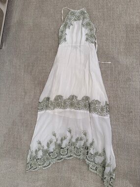 Guess White Halter Dress with Sage Green Lace Accent